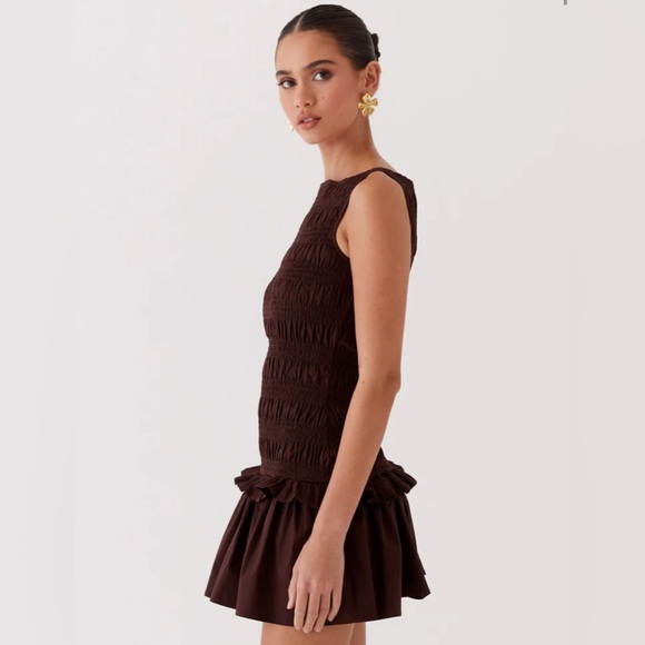 NWT Peppermayo Exclusive - Garden Kisses Shirred Mini Dress - Chocolate, Size 6 - Picture 4 of 15